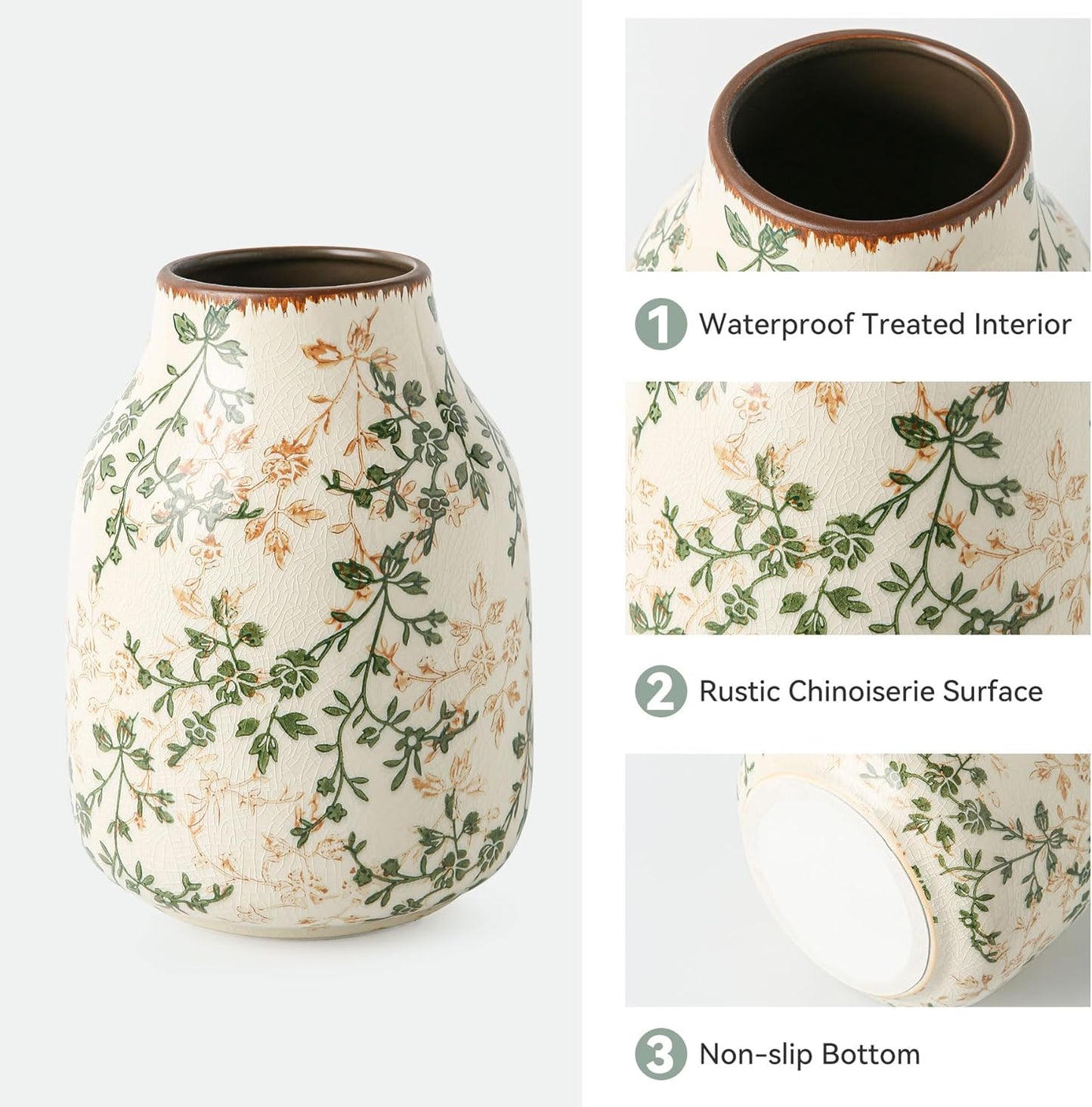Green Beige Chinoiserie Floral Vase