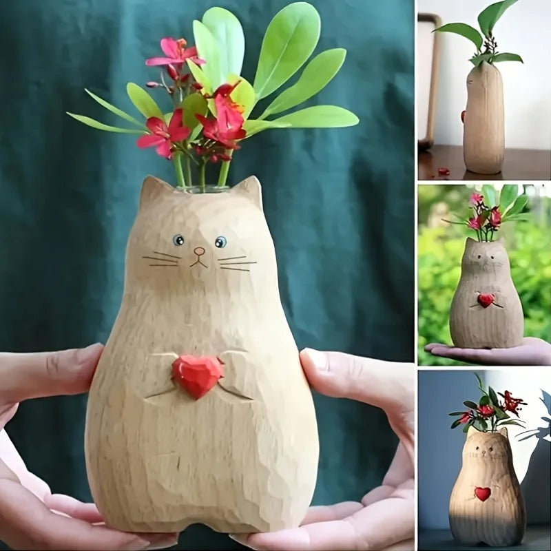 Handmade Wooden Cat Vase