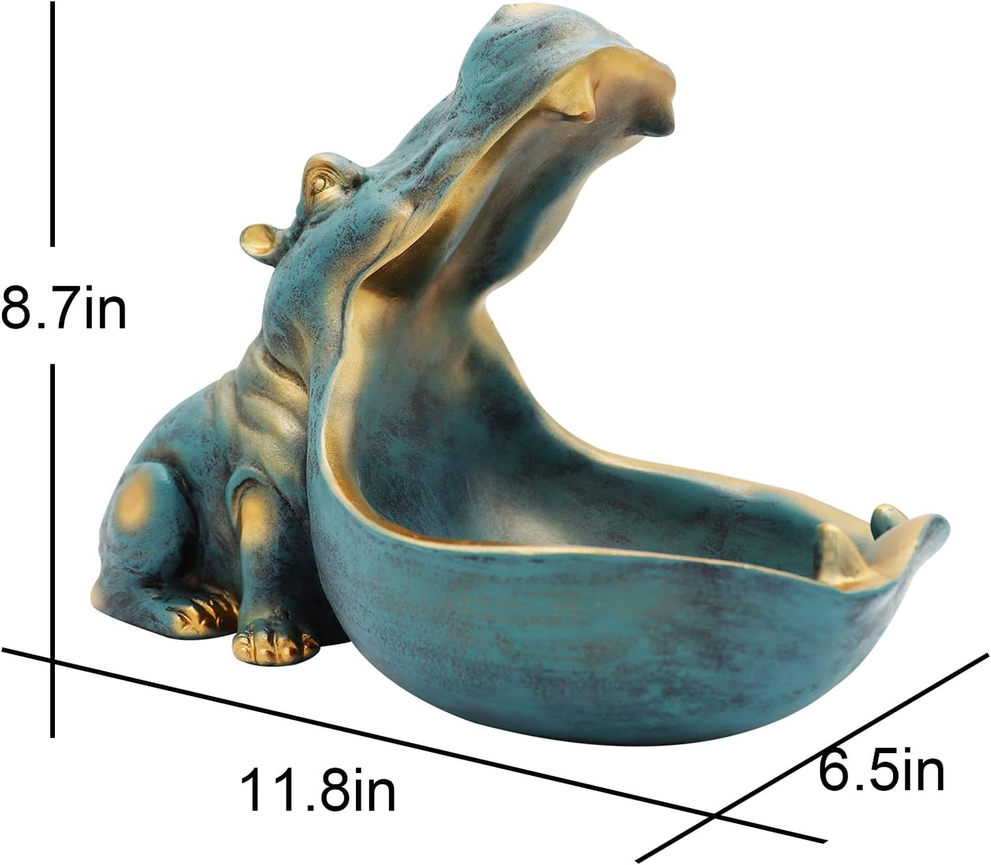 Hippo-shaped decorative item with measurements on a white background