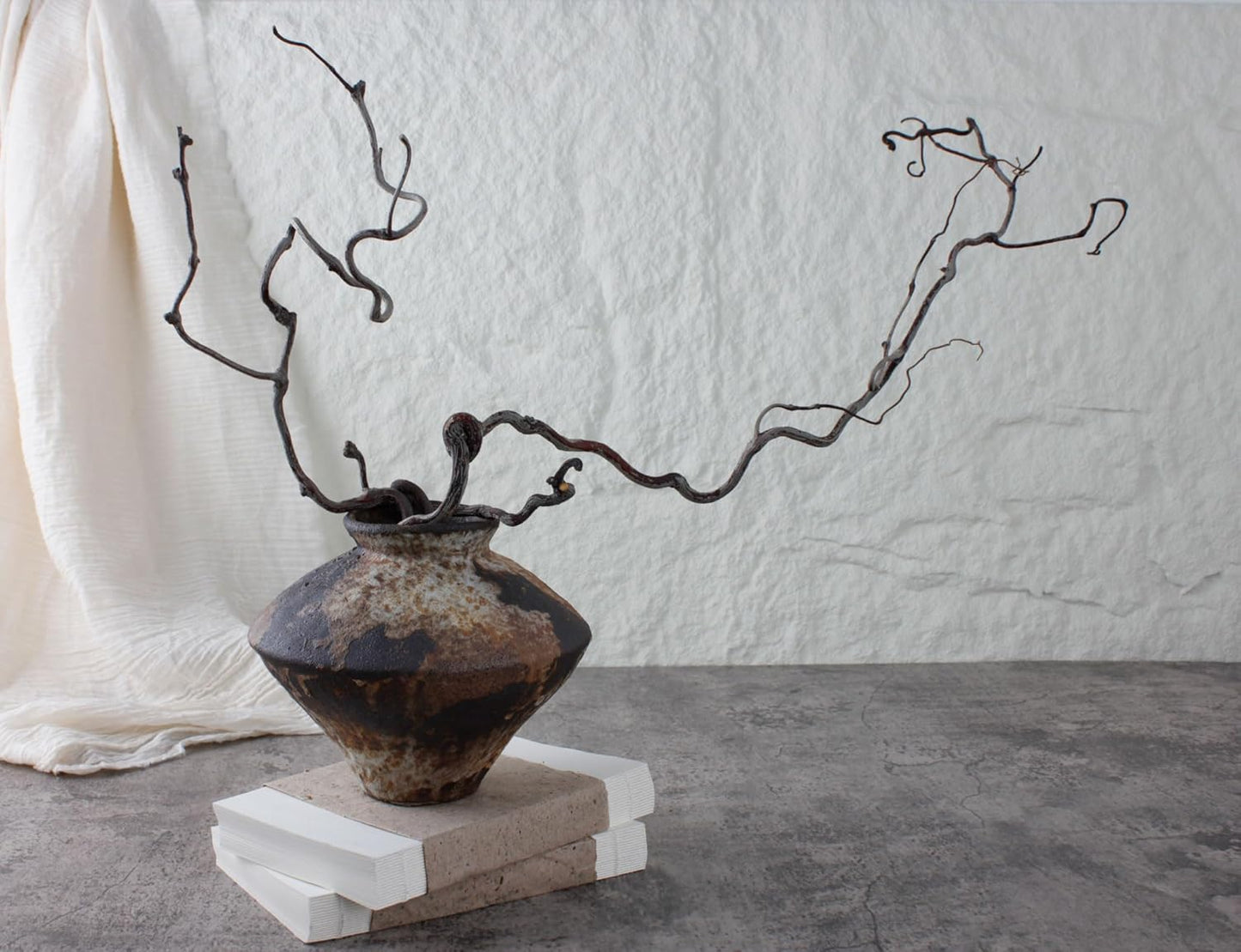 Rustic vase with twisted branches on a textured surface