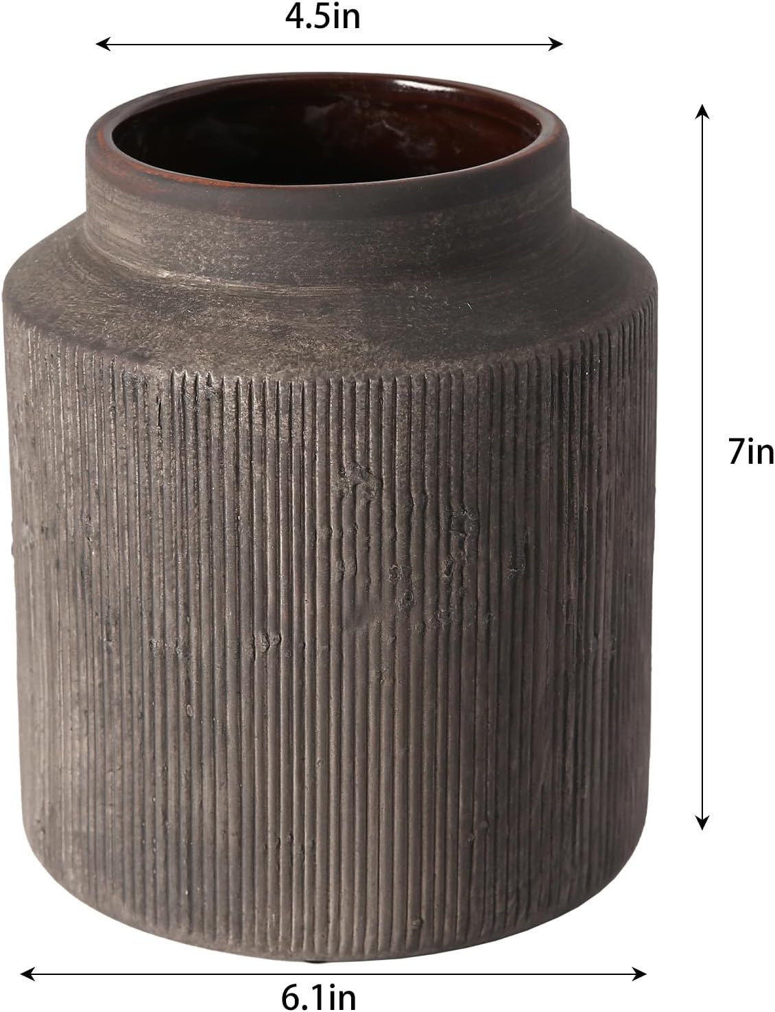 Textured brown vase with dimensions labeled on a white background