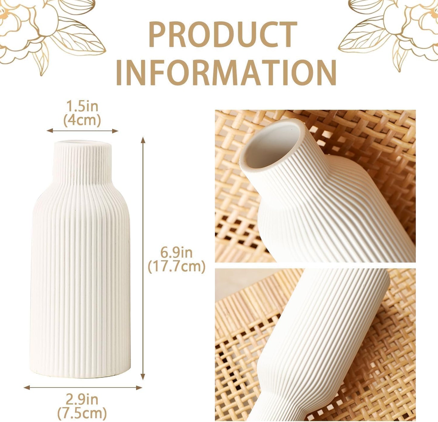 White ribbed vase with dimensions on a decorative background