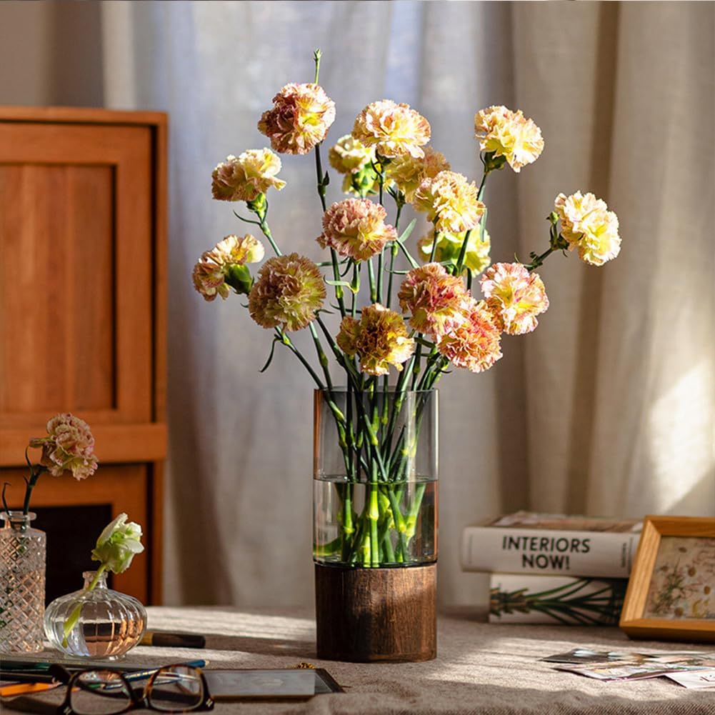 Artistic Boho Wooden Base Cylindrical Glass Vase
