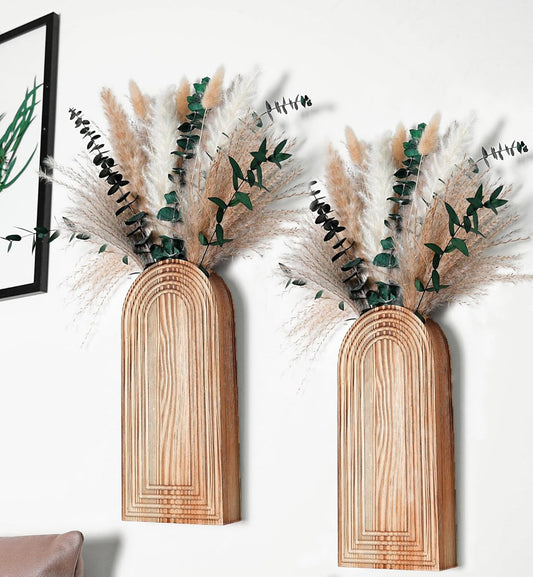 Boho Wooden Floral Vases Set with Pampas Grass