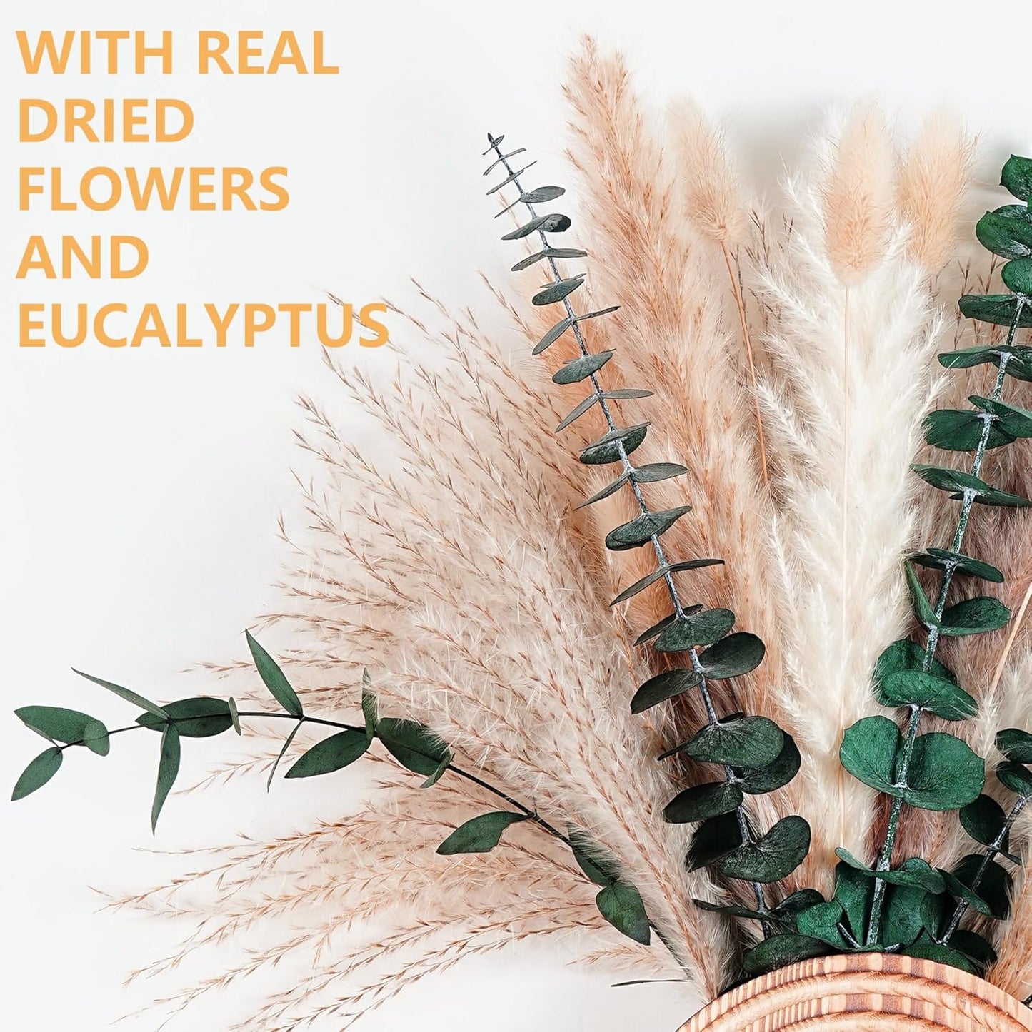 Boho Wooden Floral Vases Set with Pampas Grass