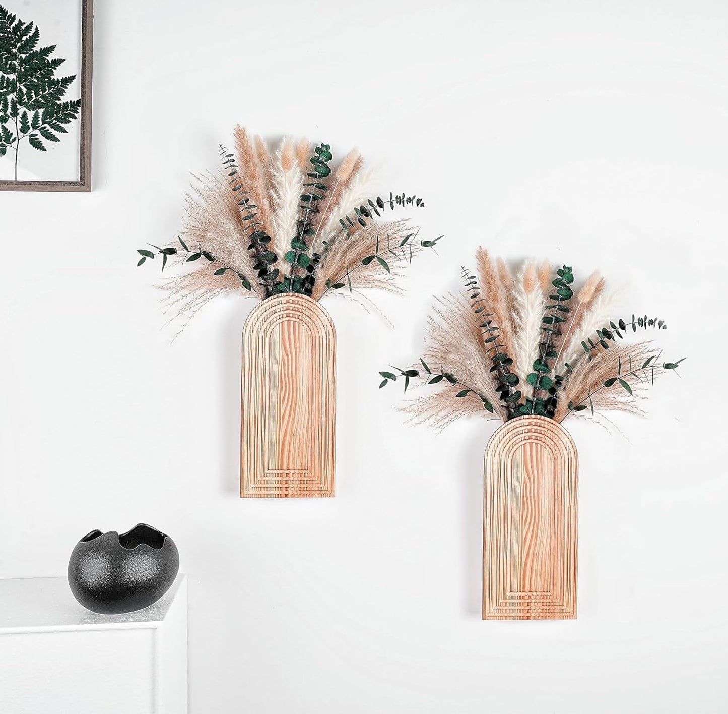 Boho Wooden Floral Vases Set with Pampas Grass
