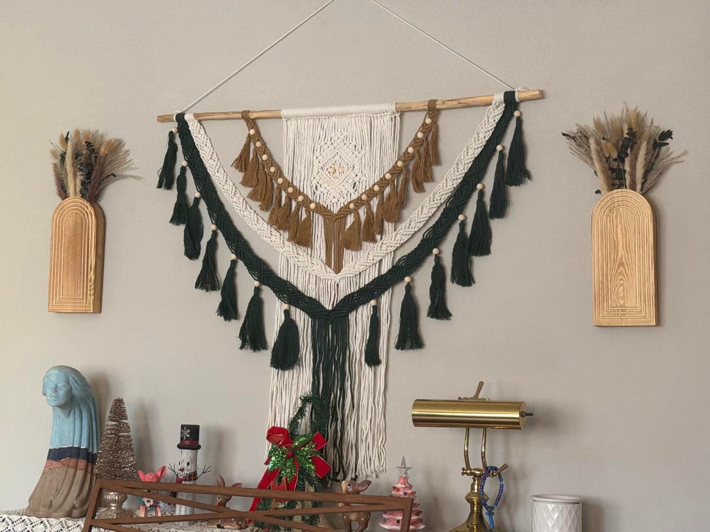 Boho Wooden Floral Vases Set with Pampas Grass