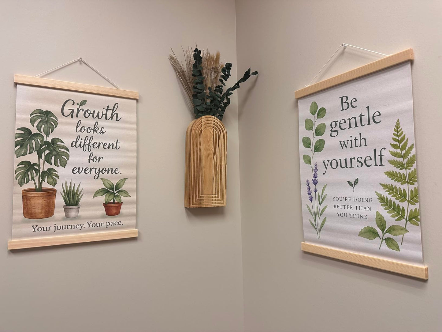 Boho Wooden Floral Vases Set with Pampas Grass