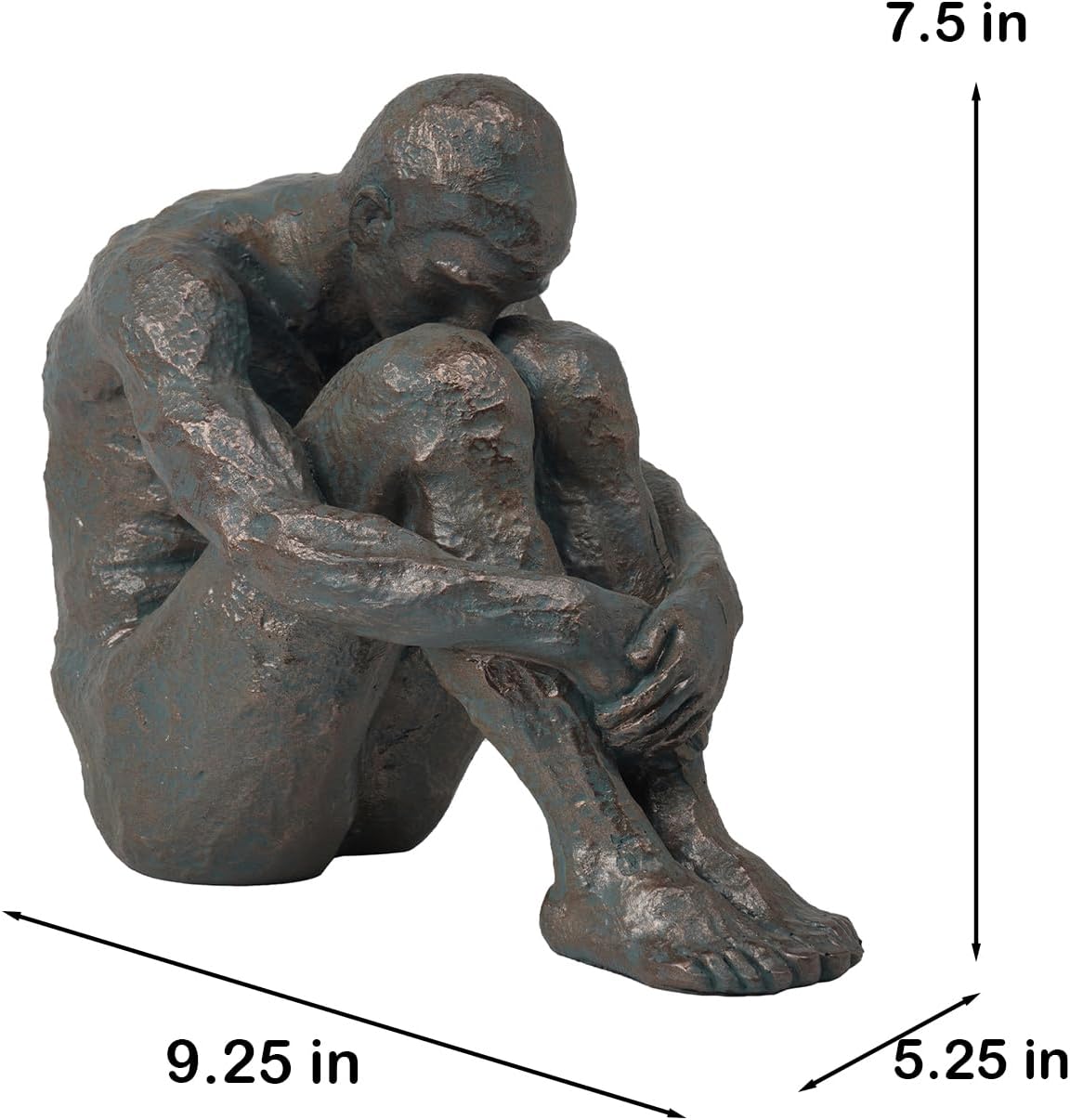 Bronze sculpture of a seated figure with dimensions indicated