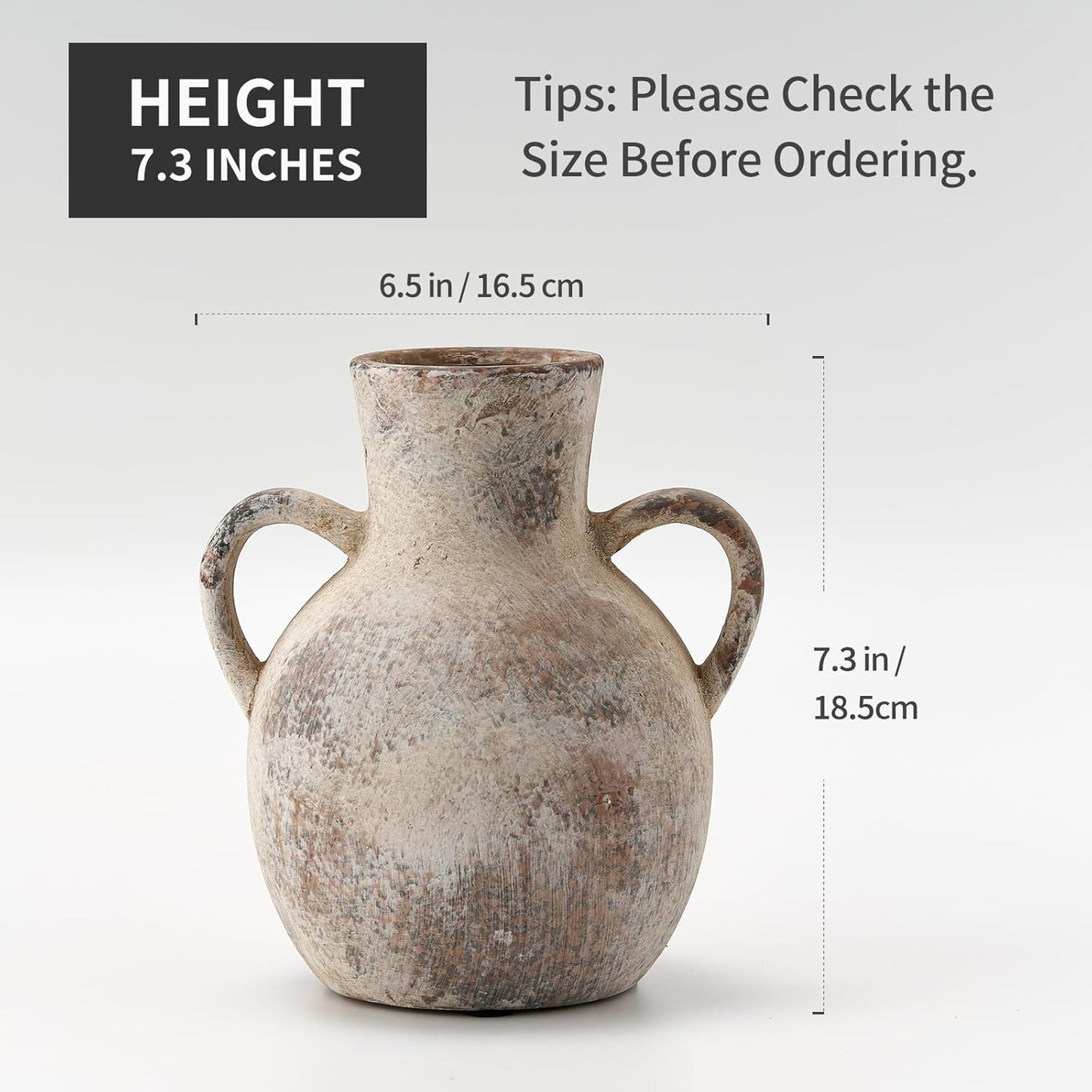Ceramic vase with dimensions and height information on a white background
