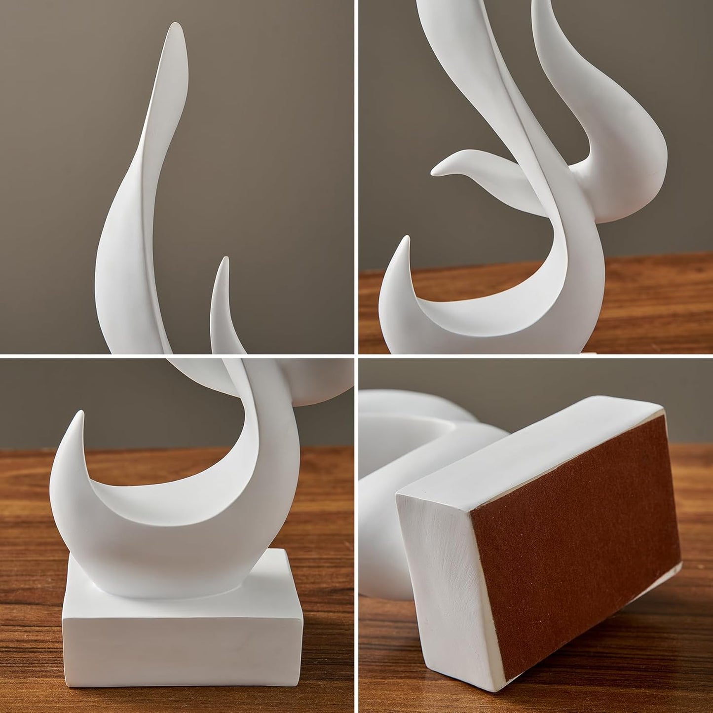 Collage of a white abstract sculpture on a wooden surface with a plain background