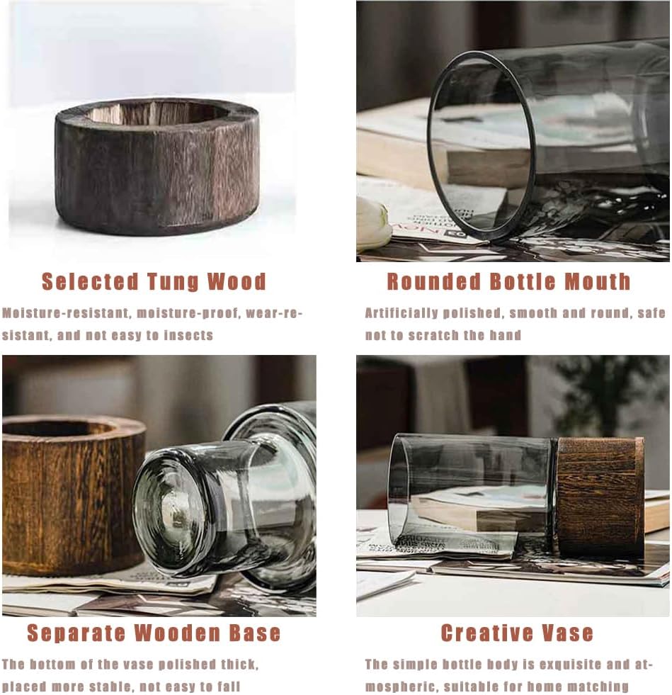 Collage of a wooden and glass vase with descriptive text on a neutral background