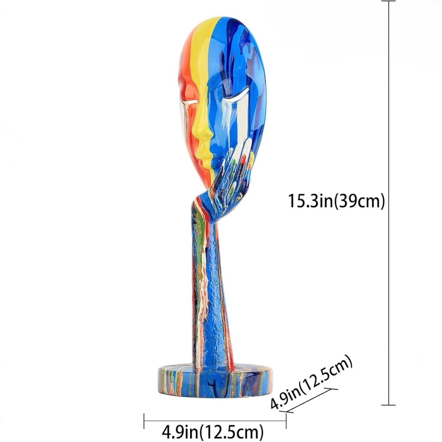 Colorful spoon sculpture with measurements on a white background
