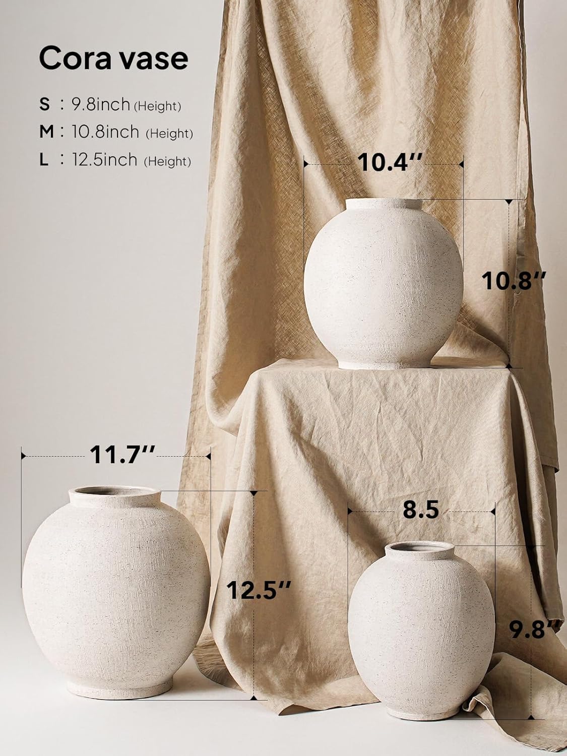 Cora vase with measurements on a neutral background