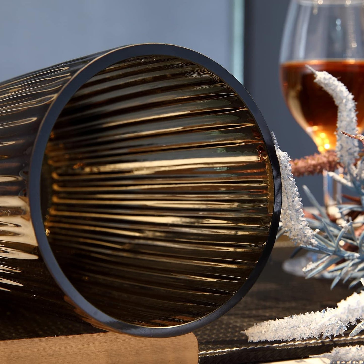 Cylinder Ribbed Brown Glass Flower Vase