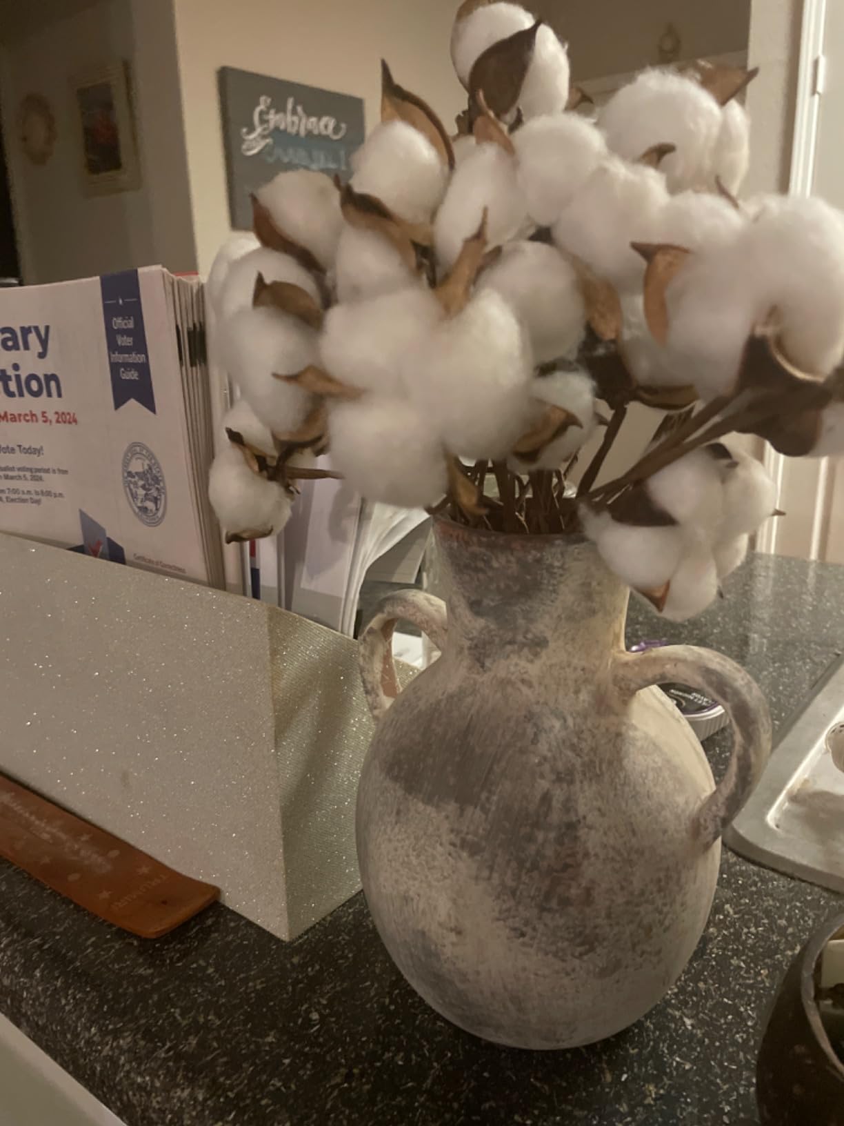 Decorative vase with cotton-like flowers on a kitchen counter