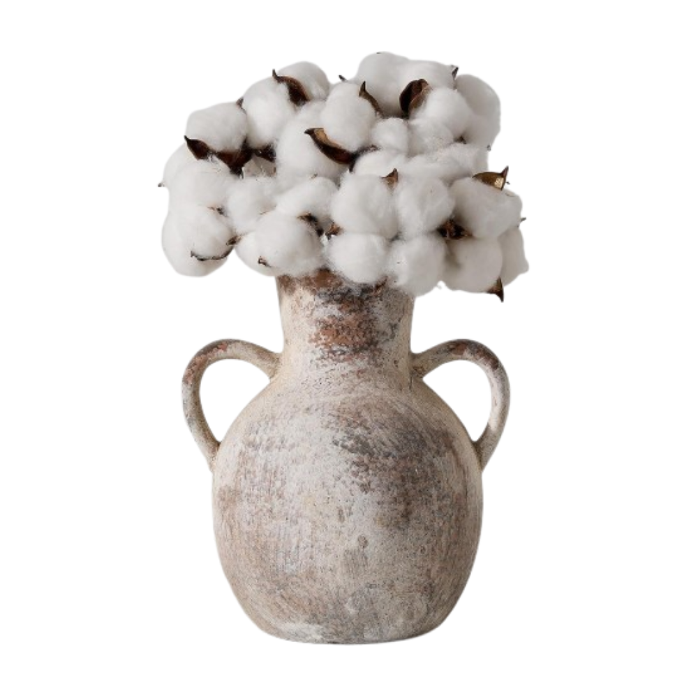 Decorative vase with cotton on a white background