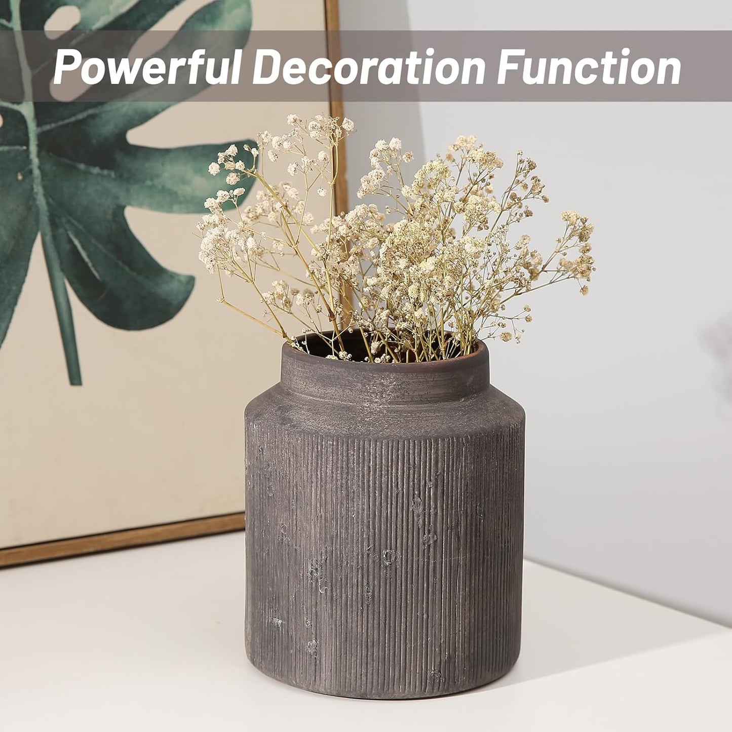 Decorative vase with dried flowers on a white surface, text 'Powerful Decoration Function' above.