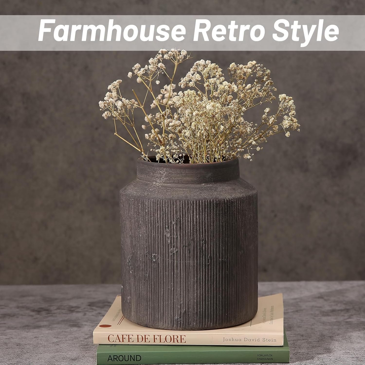 Decorative vase with dried flowers on books against a textured wall with 'Farmhouse Retro Style' text.