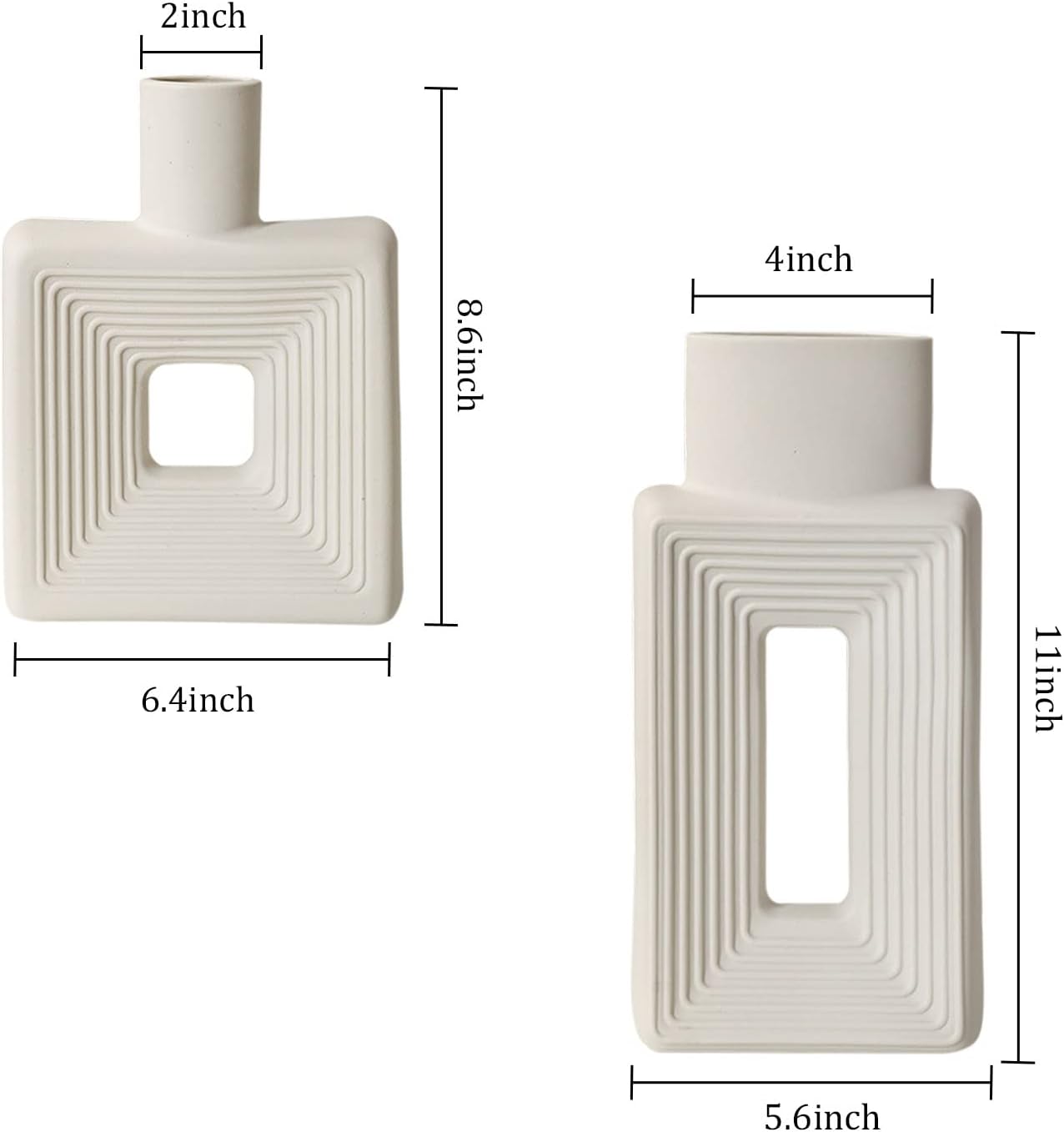Dimensions of two decorative vases with measurements labeled.
