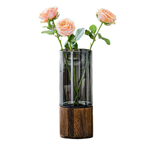 Artistic Boho Wooden Base Cylindrical Glass Vase
