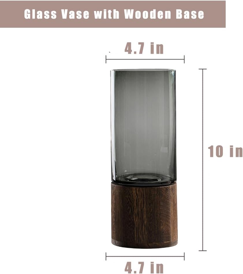 Glass vase with wooden base and measurements on a white background