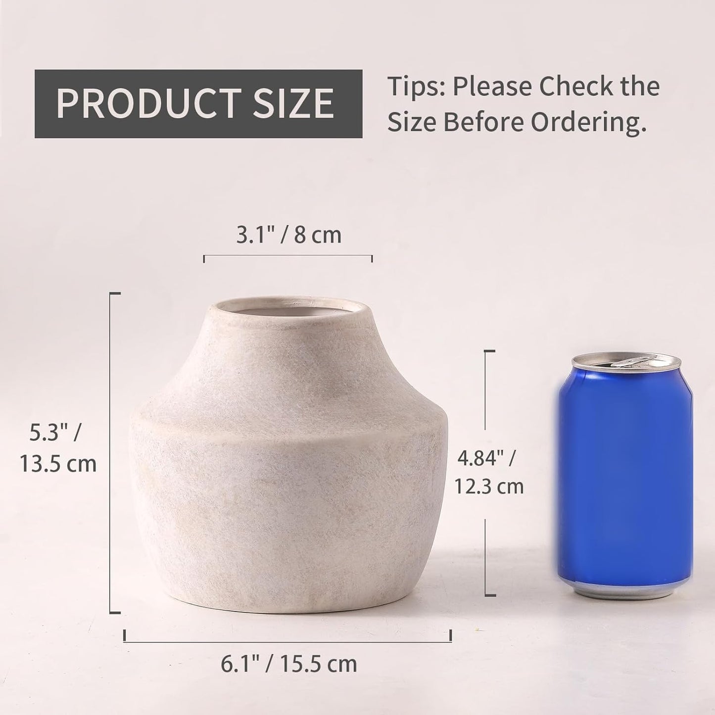 Gray vase and blue can with measurements on a light gray background
