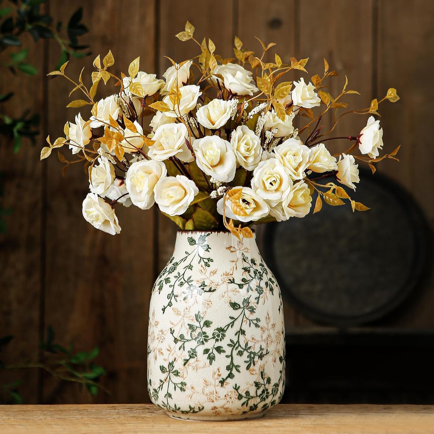 Green Beige Chinoiserie Floral Vase