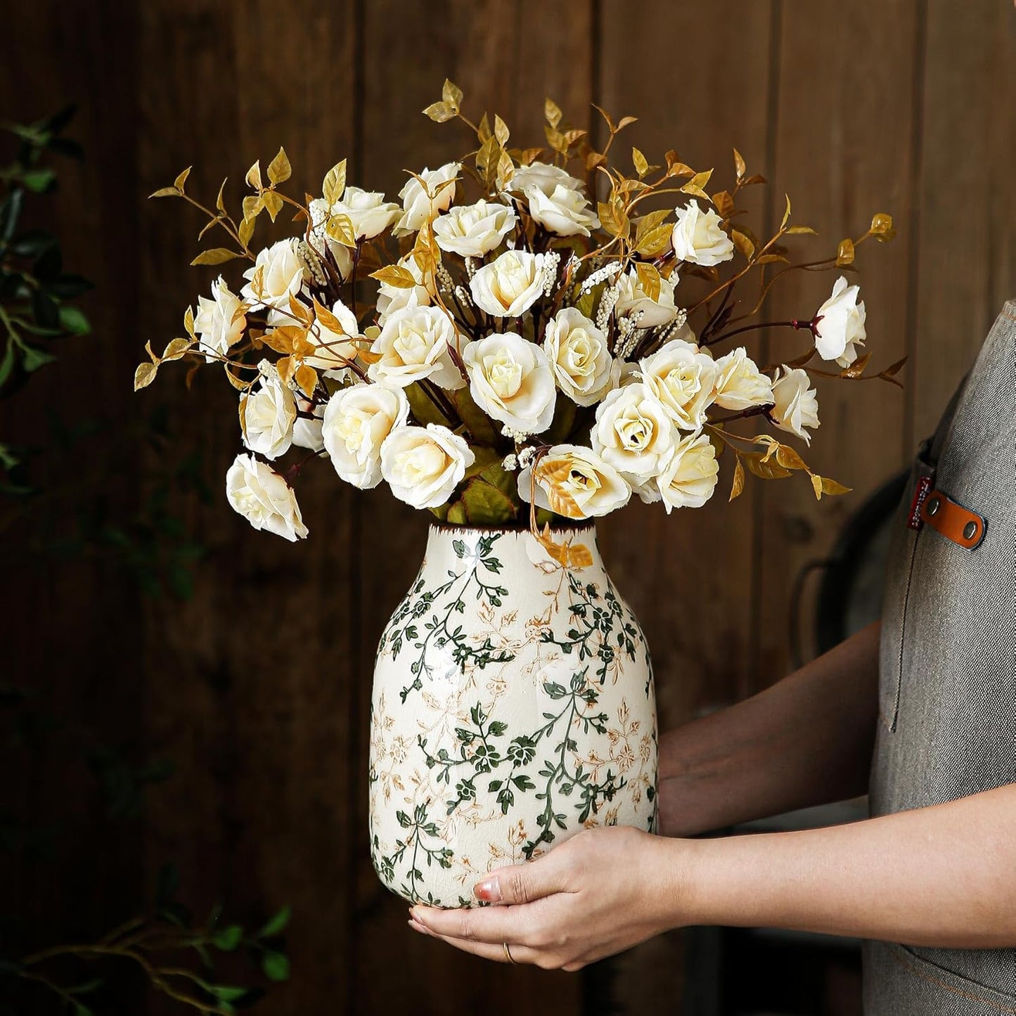 Green Beige Chinoiserie Floral Vase