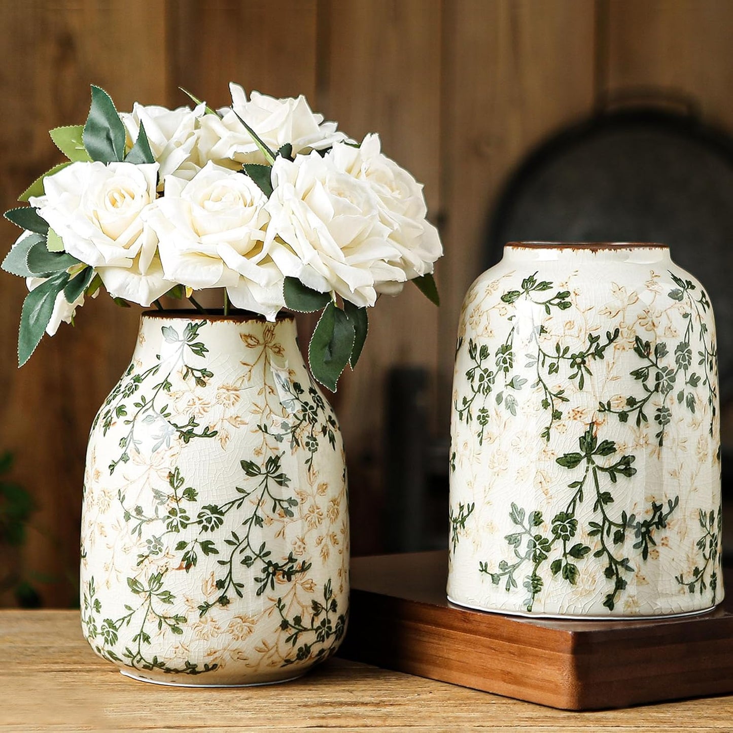 Green Beige Chinoiserie Floral Vase