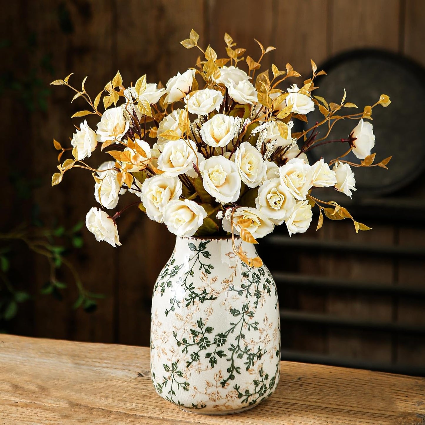 Green Beige Chinoiserie Floral Vase
