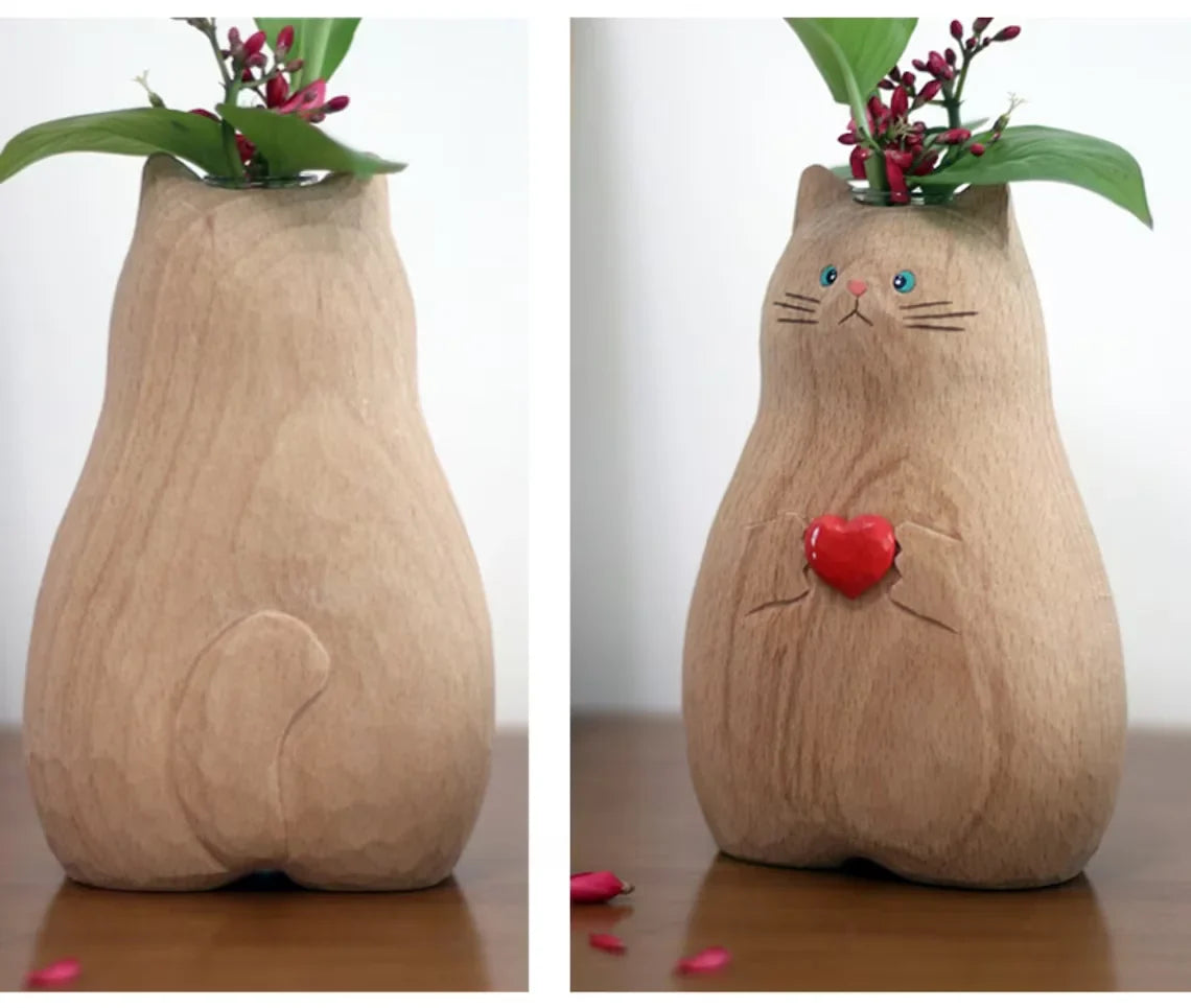 Handmade Wooden Cat Vase