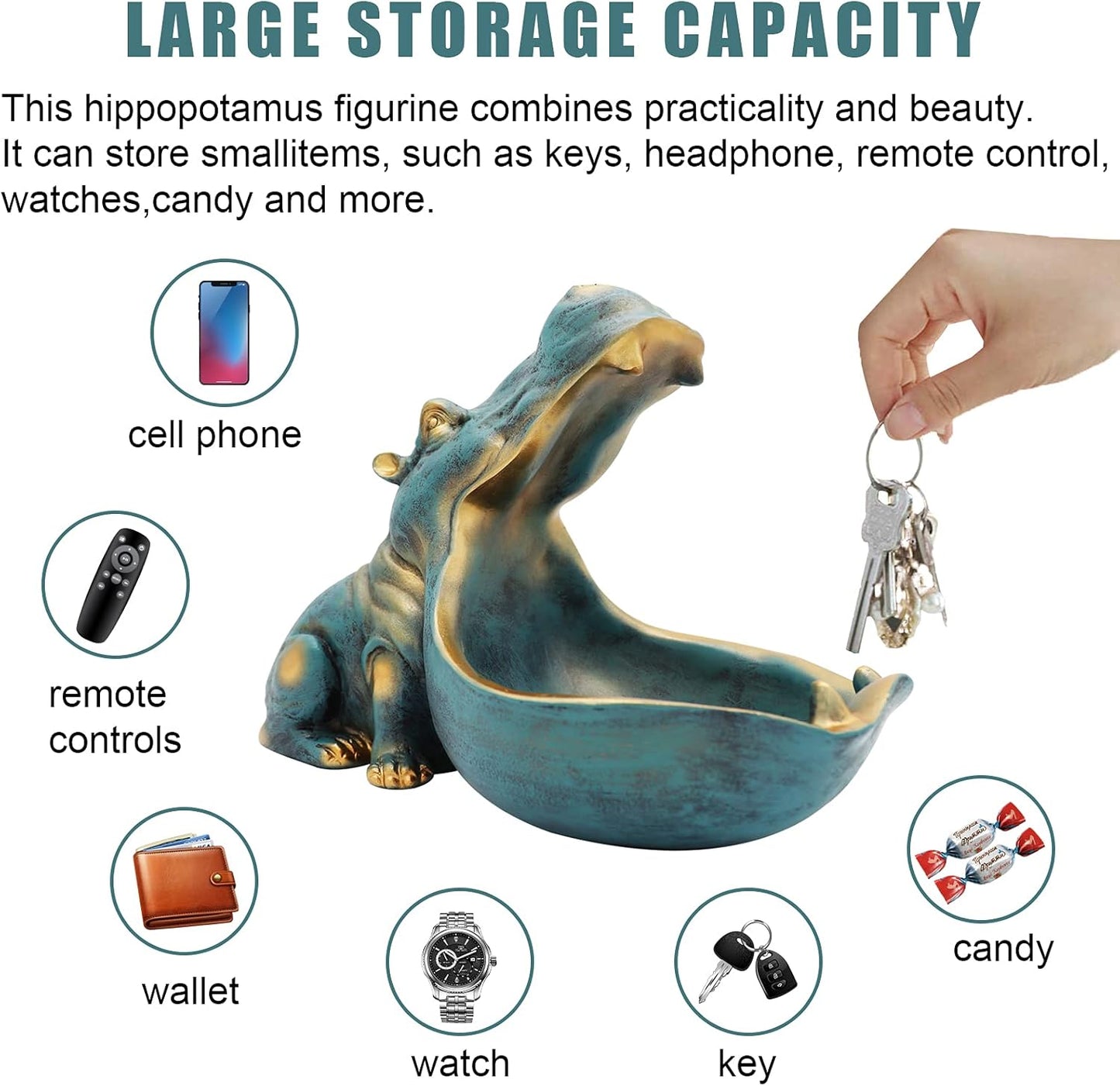 Hippopotamus-shaped storage container with a hand placing keys inside, surrounded by icons of items it can store.
