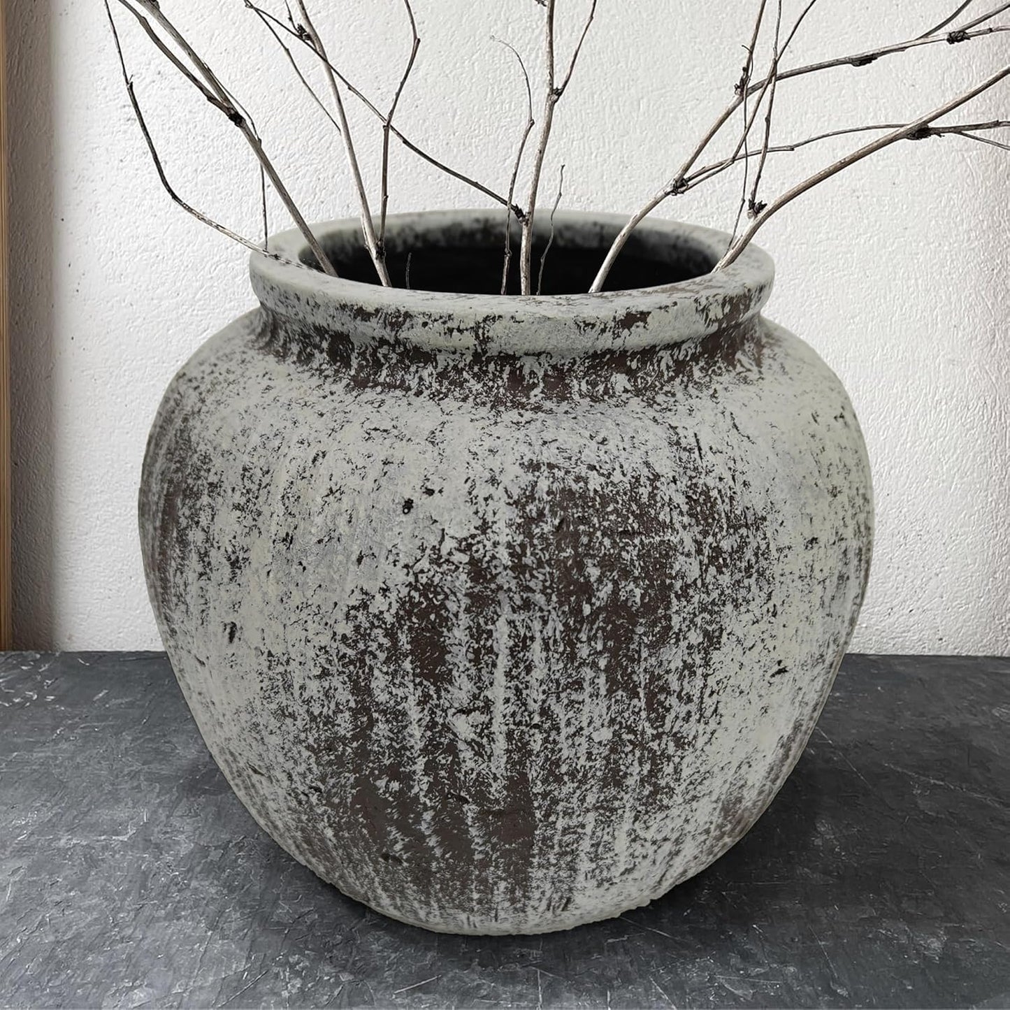 Large Distressed Round Rustic Vase