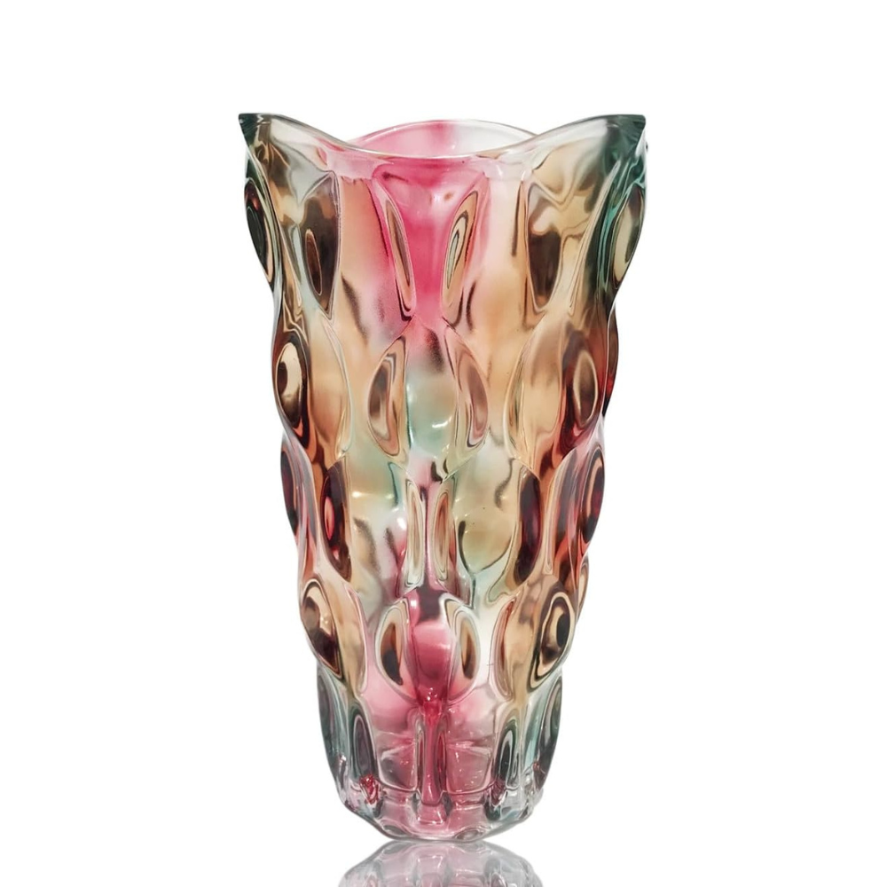 Multicolored glass vase with a unique design on a white background