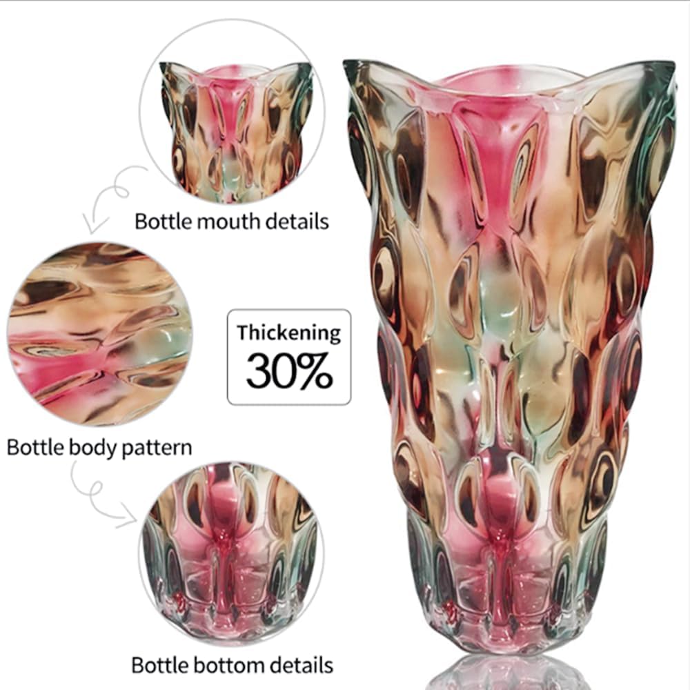 Multicolored glass vase with detailed patterns and text highlighting features.