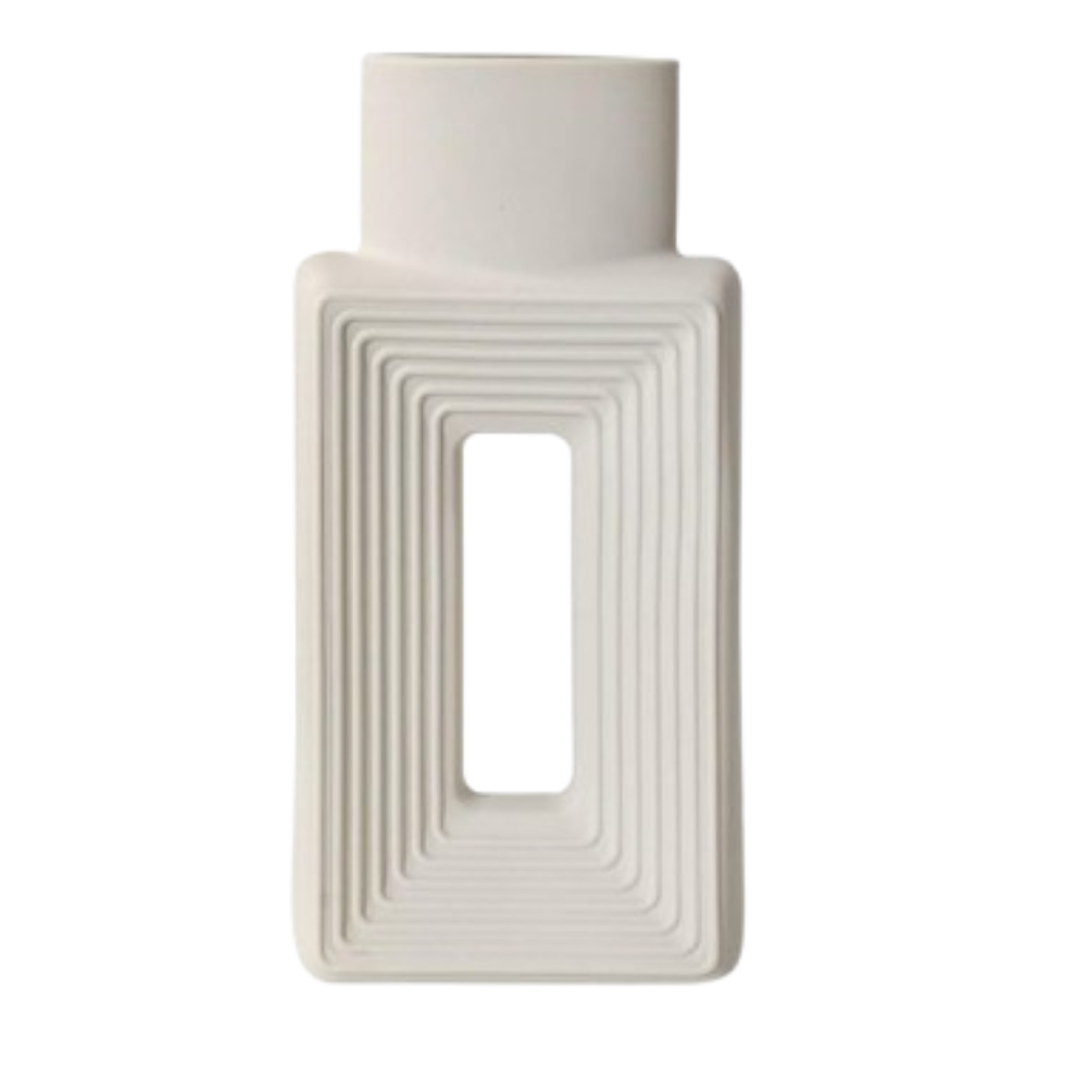 Rectangular ceramic vase with concentric circle design on a white background