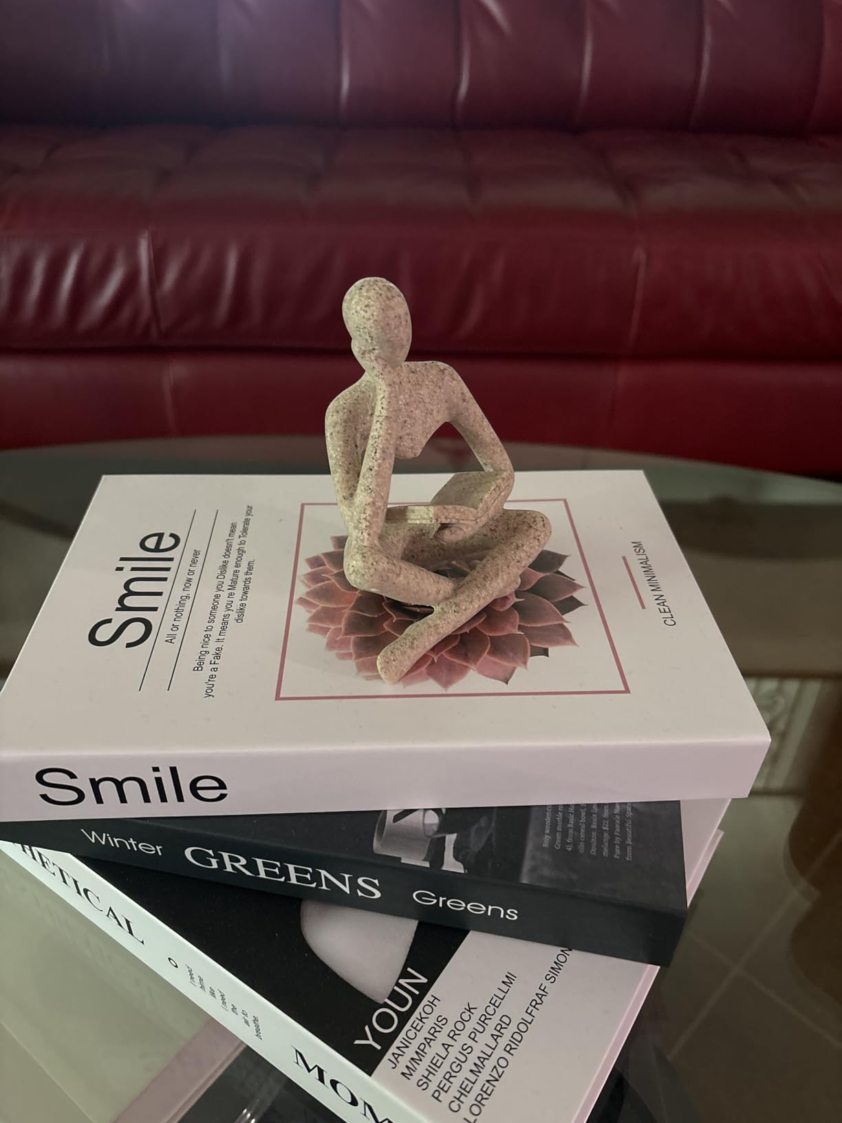 Small figurine on a book titled 'Smile' with a red couch in the background