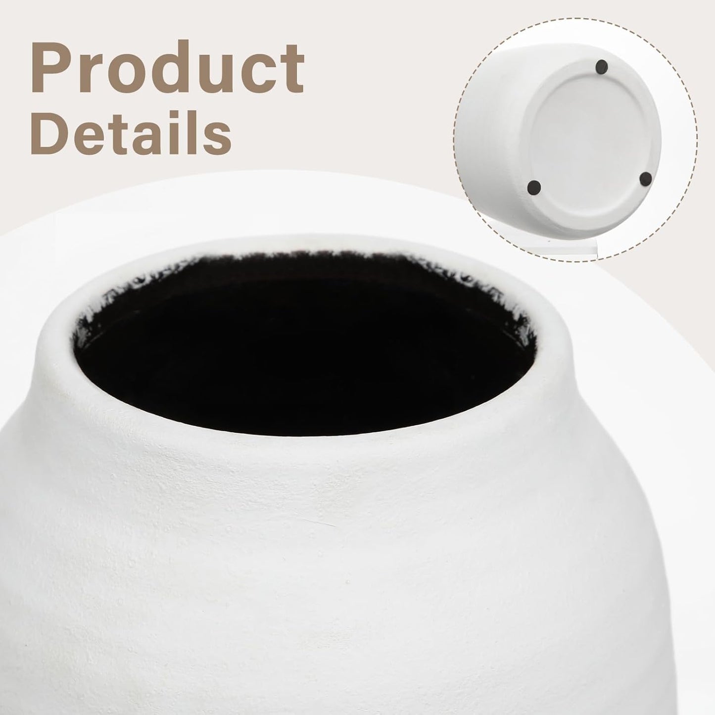 White ceramic jar with black interior on a light beige background