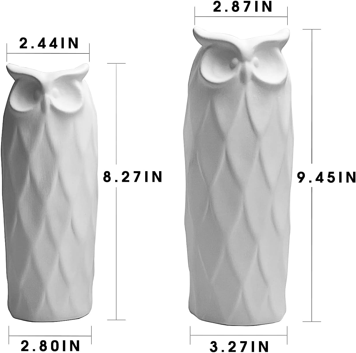 White owl-shaped vase with dimensions labeled on a white background