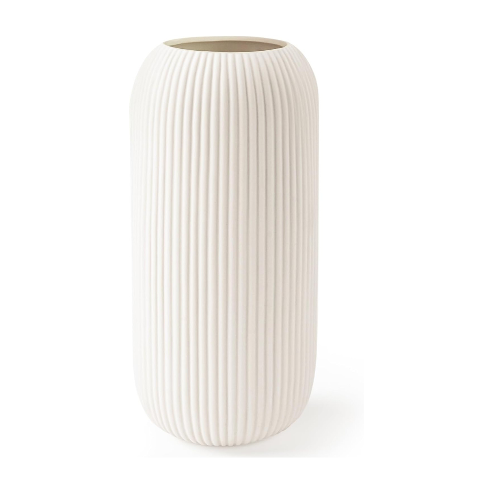 White ribbed vase on a white background