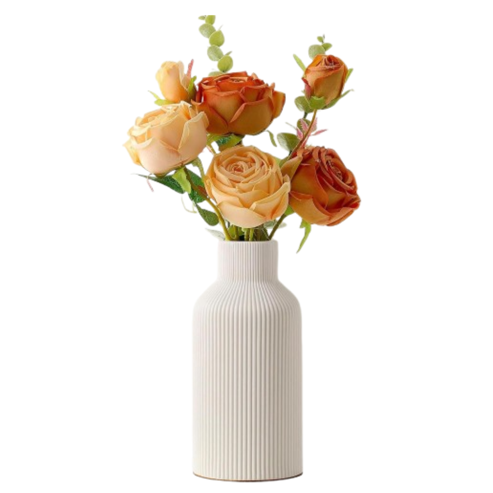 White ribbed vase with orange and yellow roses on a white background