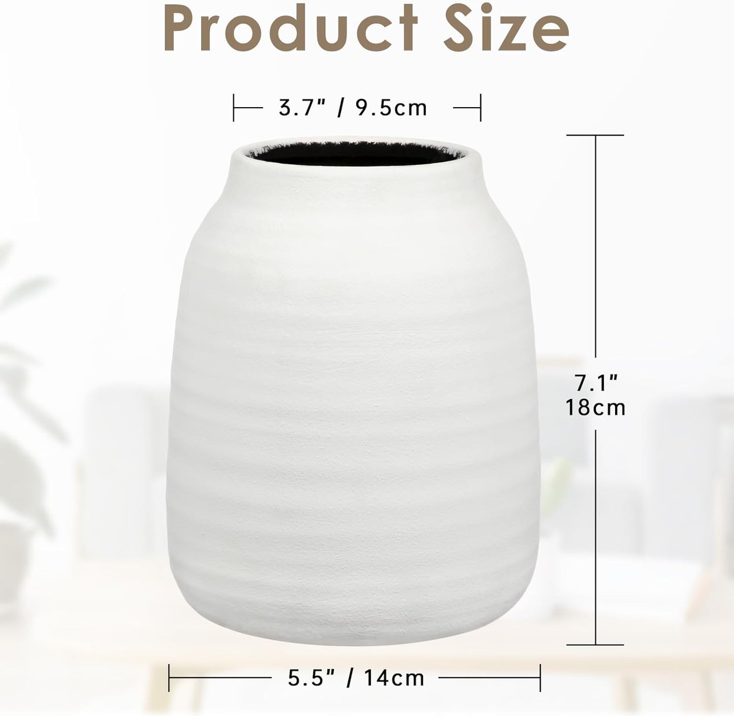 White textured vase with dimensions displayed on a white background