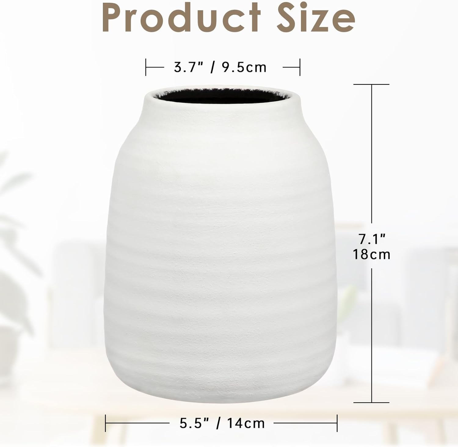 White textured vase with dimensions displayed on a white background