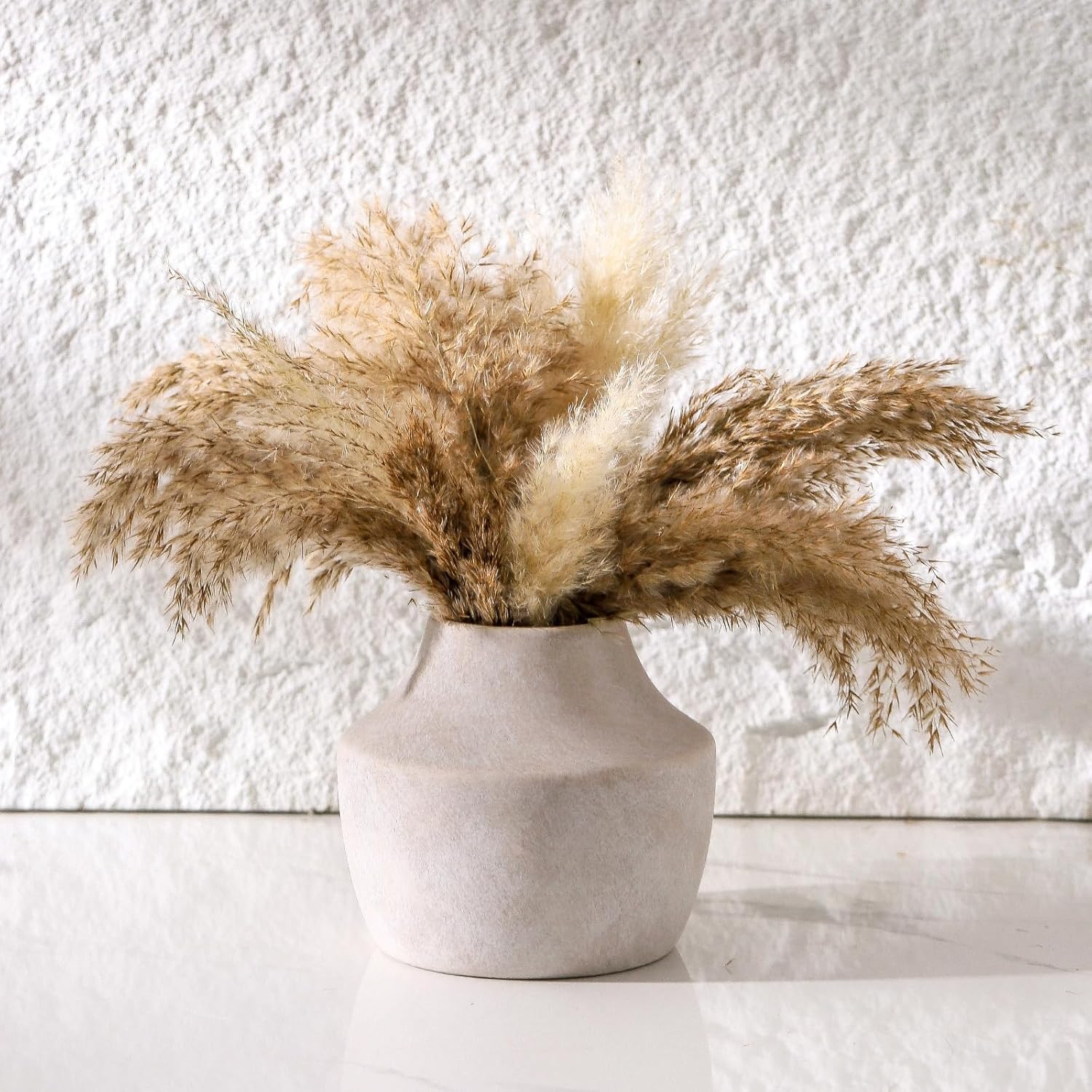 White vase with dried pampas grass against a textured white wall